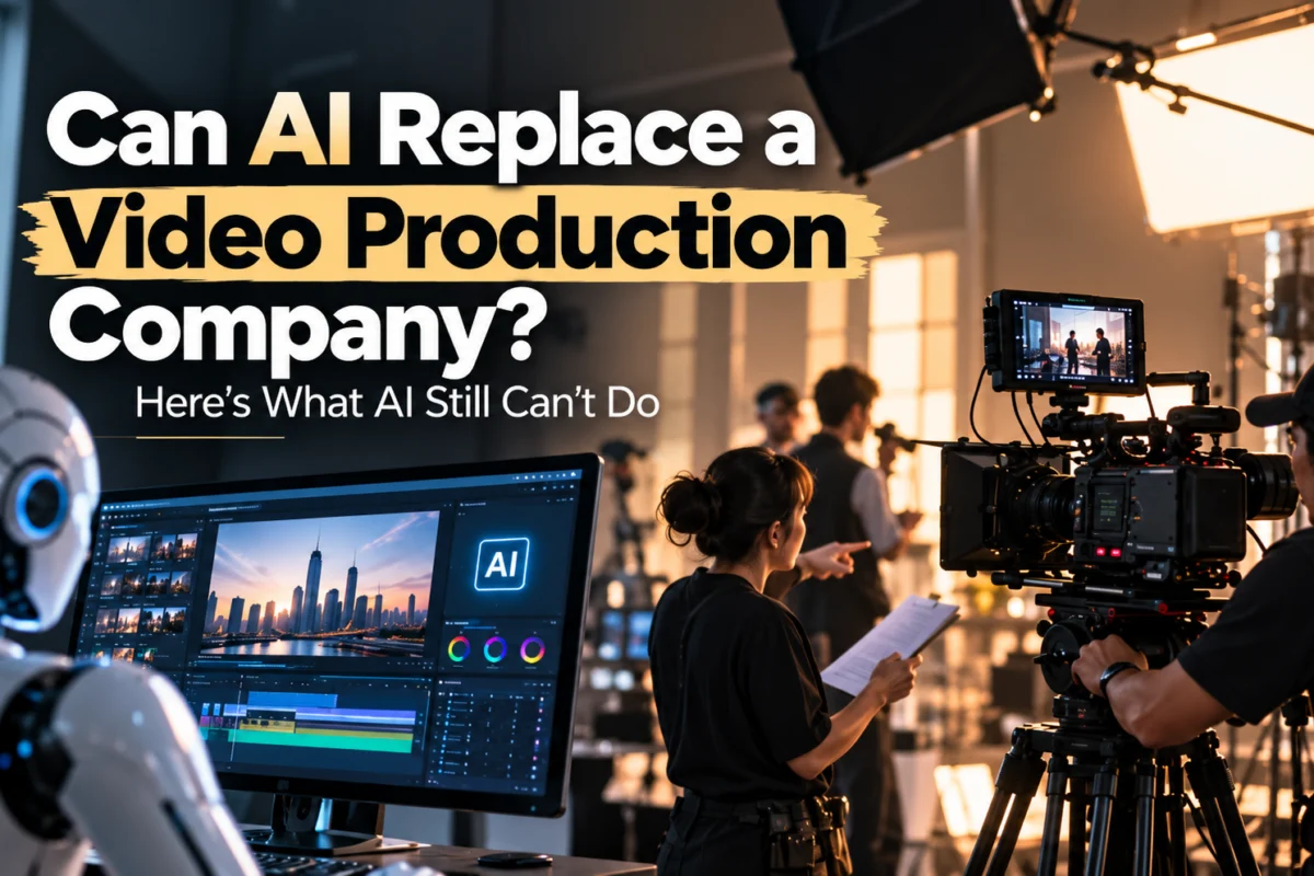 AI video editing technology alongside a professional film production crew, illustrating whether AI can replace a video production company and the importance of human creativity.
