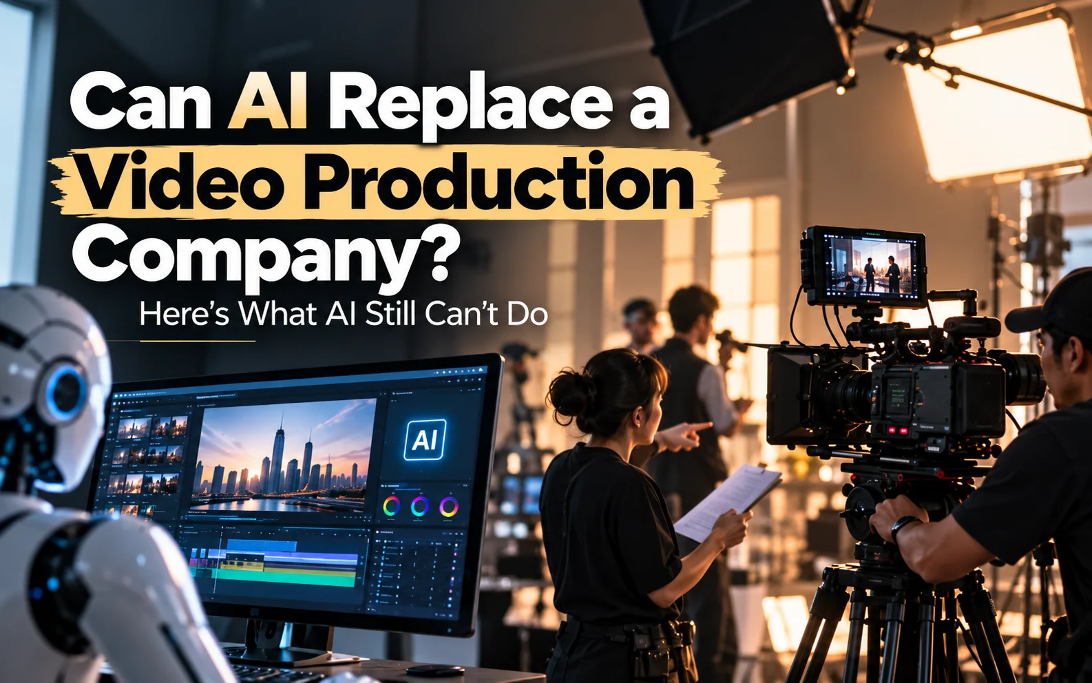 AI video editing technology alongside a professional film production crew, illustrating whether AI can replace a video production company and the importance of human creativity.